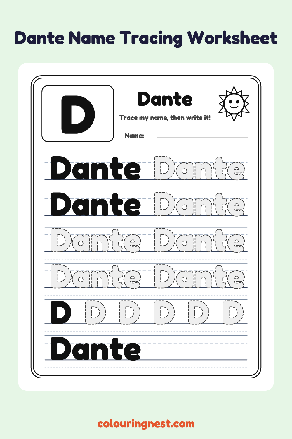 Dante Name Tracing Worksheet: free printable black-and-white line art