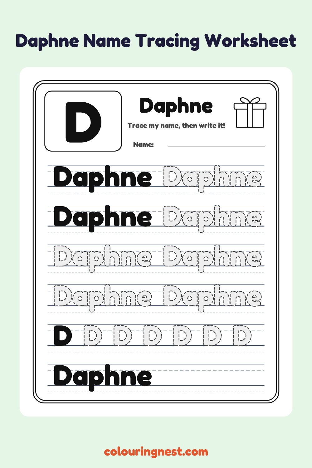 Daphne Name Tracing Worksheet: free printable black-and-white line art