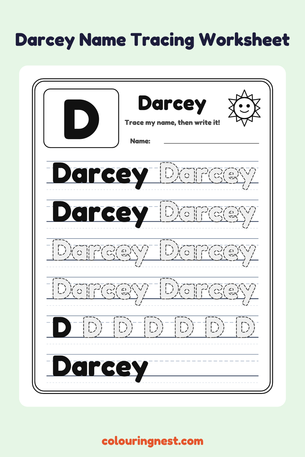 Darcey Name Tracing Worksheet: free printable black-and-white line art