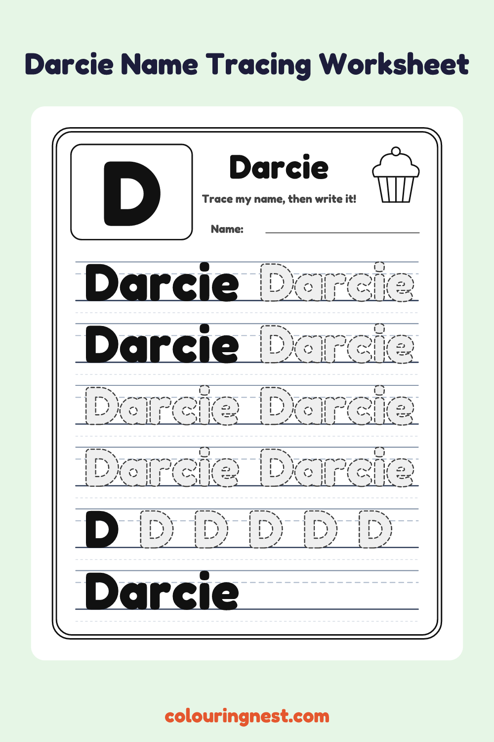 Darcie Name Tracing Worksheet: free printable black-and-white line art