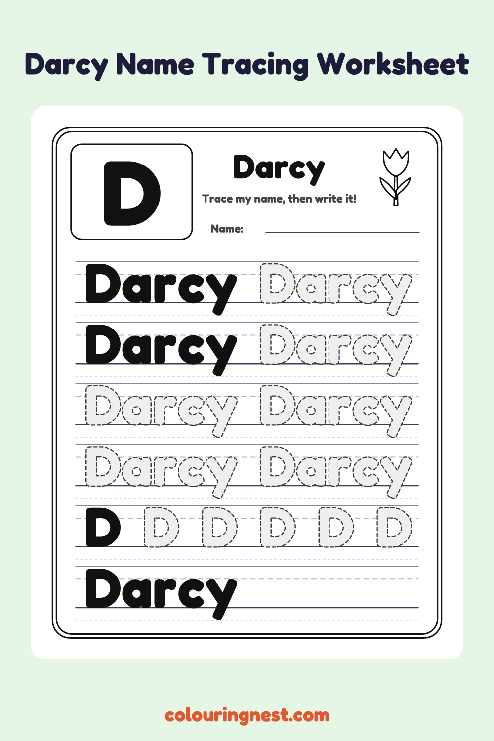 Darcy Name Tracing Worksheet: free printable black-and-white line art