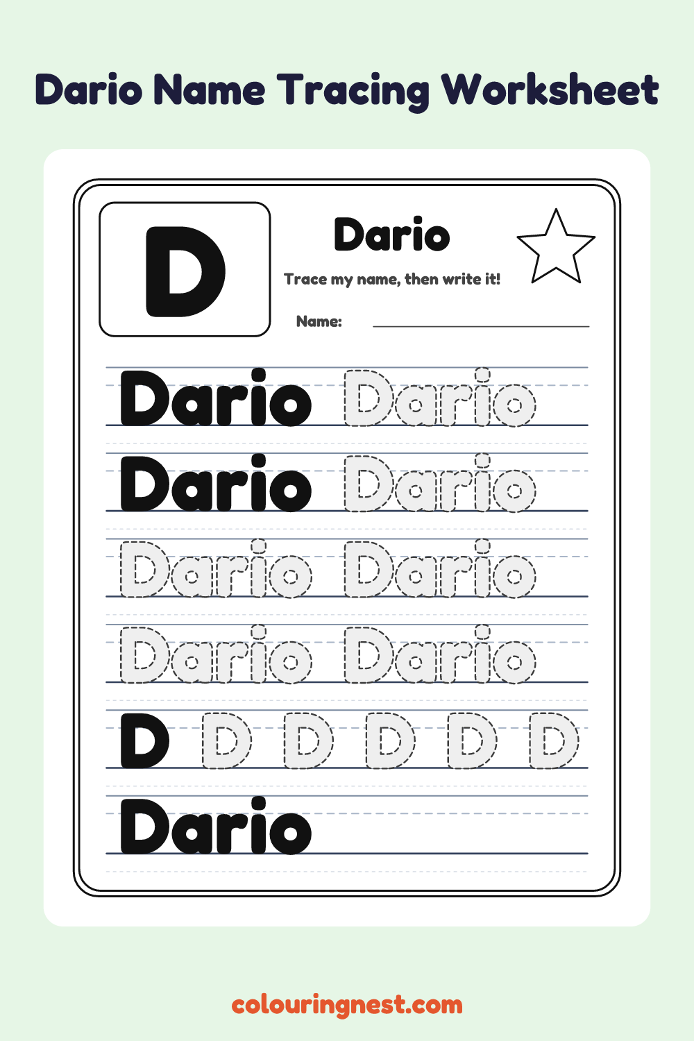 Dario Name Tracing Worksheet: free printable black-and-white line art