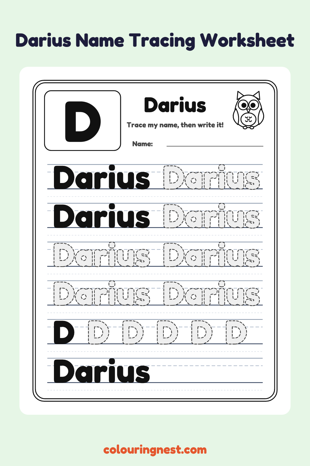 Darius Name Tracing Worksheet: free printable black-and-white line art