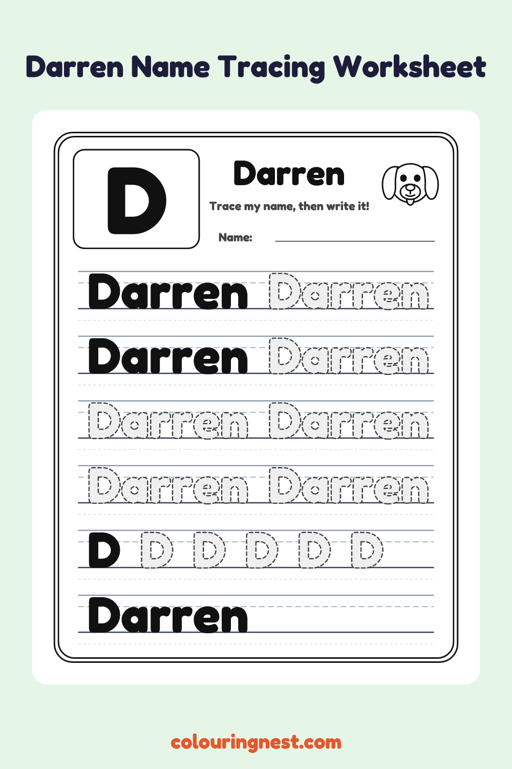 Darren Name Tracing Worksheet: free printable black-and-white line art