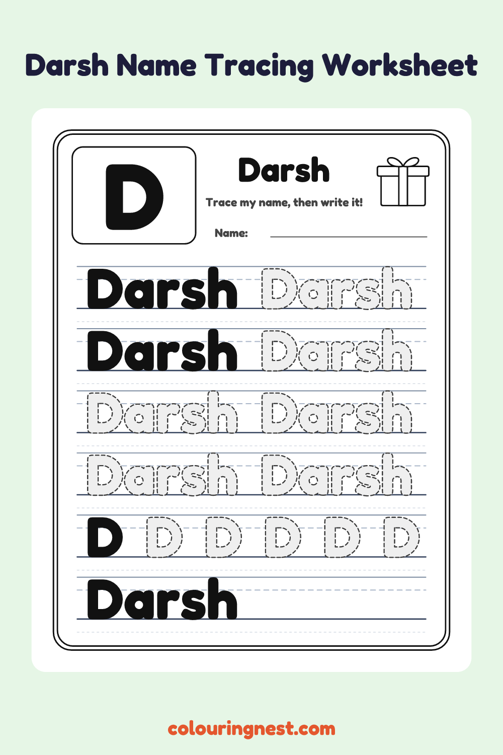 Darsh Name Tracing Worksheet: free printable black-and-white line art