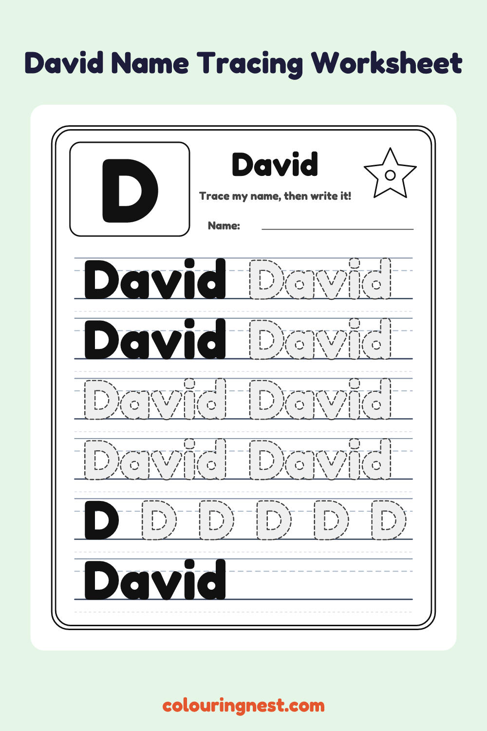 David Name Tracing Worksheet: free printable black-and-white line art