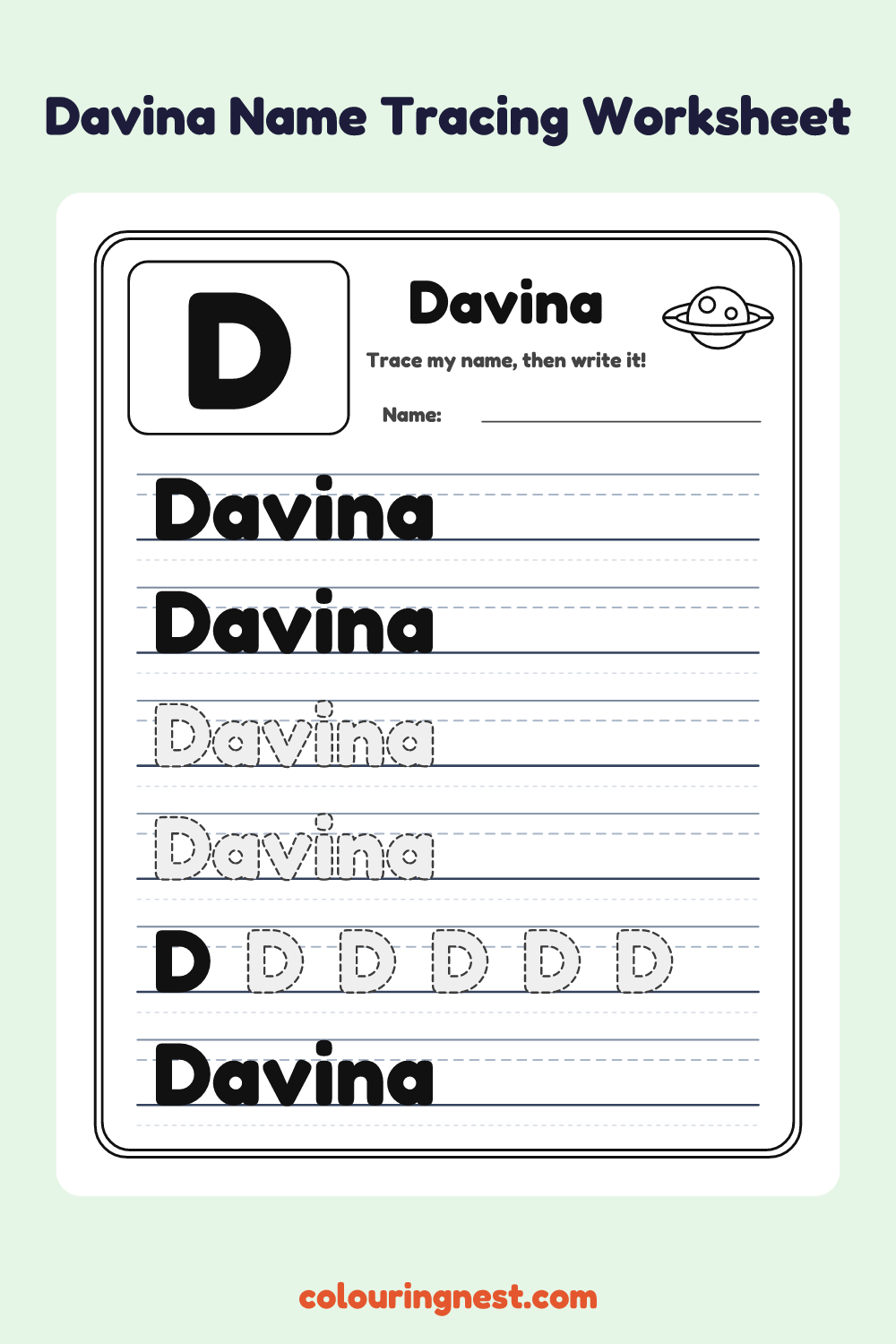 Davina Name Tracing Worksheet: free printable black-and-white line art