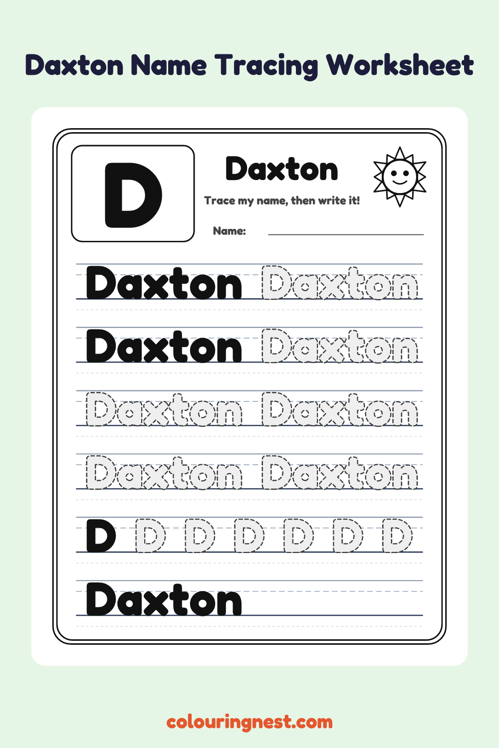 Daxton Name Tracing Worksheet: free printable black-and-white line art