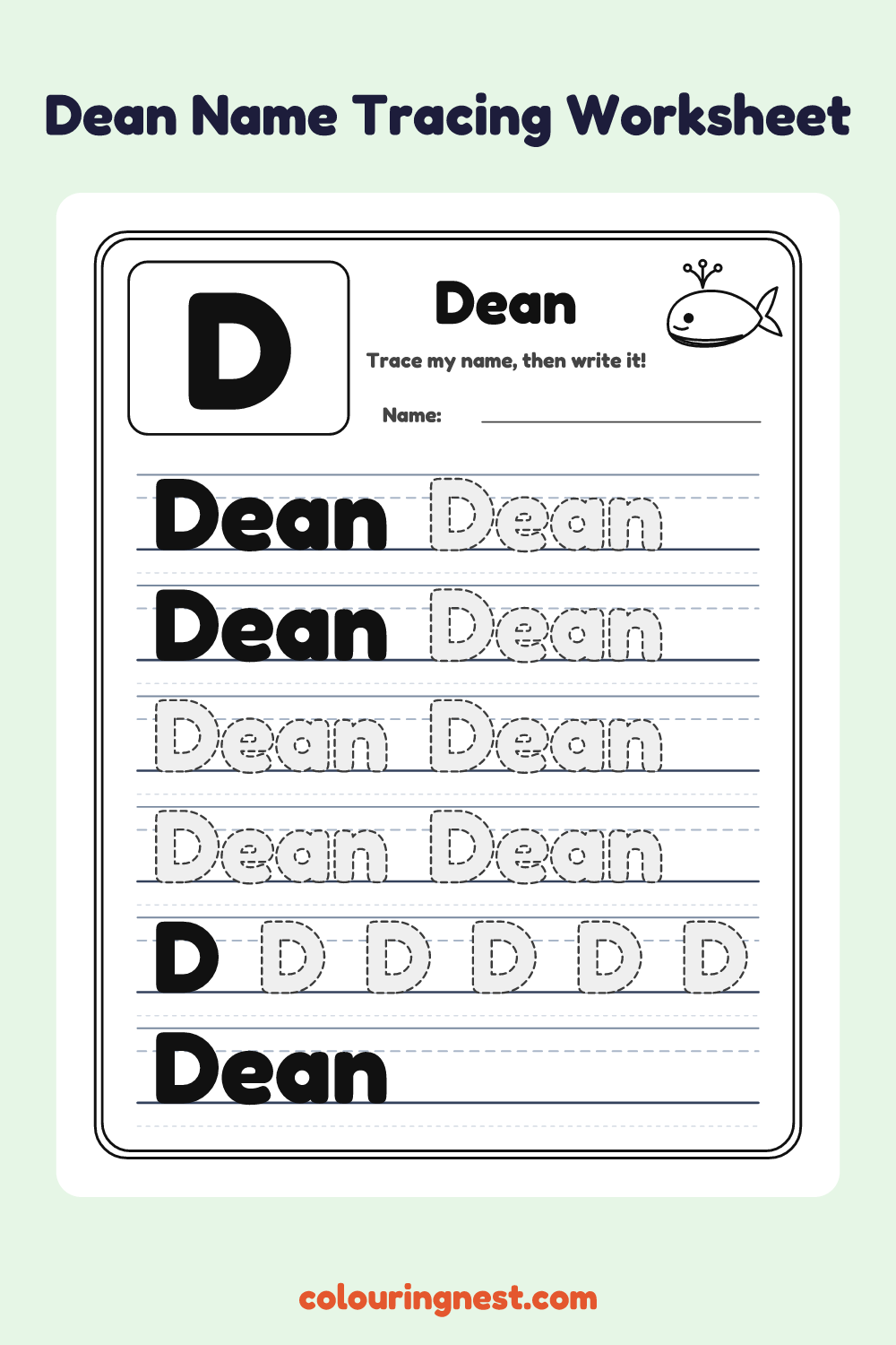 Dean Name Tracing Worksheet: free printable black-and-white line art