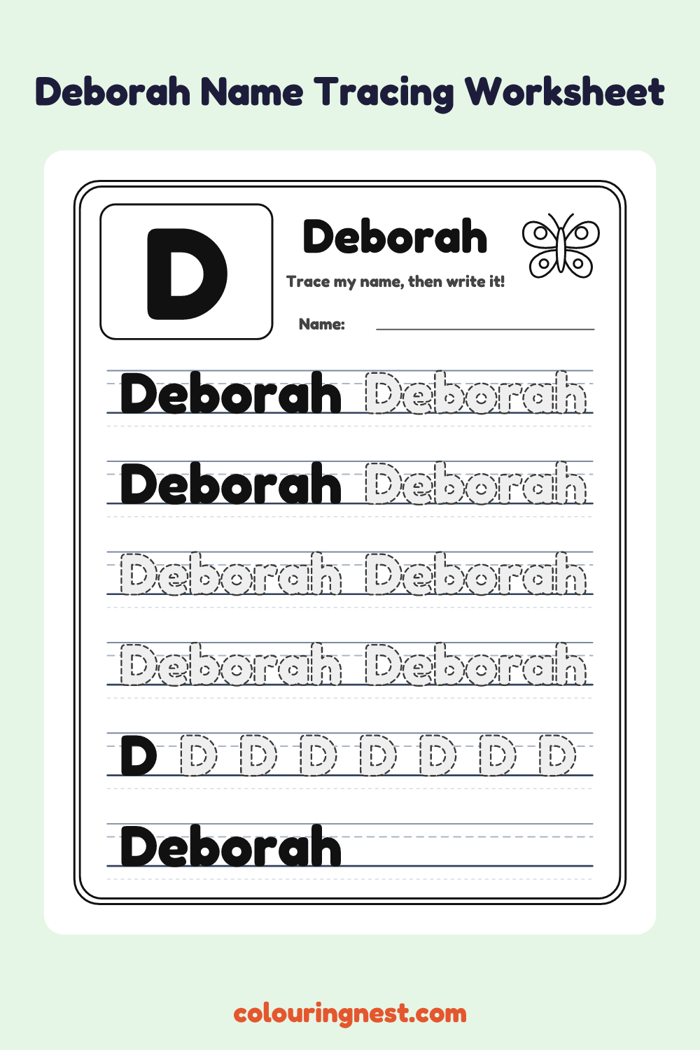 Deborah Name Tracing Worksheet: free printable black-and-white line art
