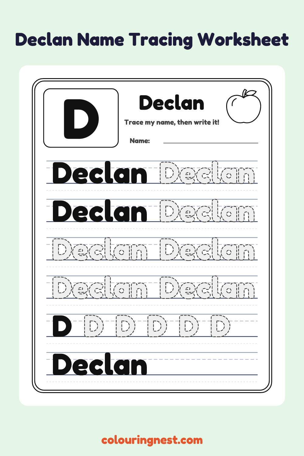 Declan Name Tracing Worksheet: free printable black-and-white line art