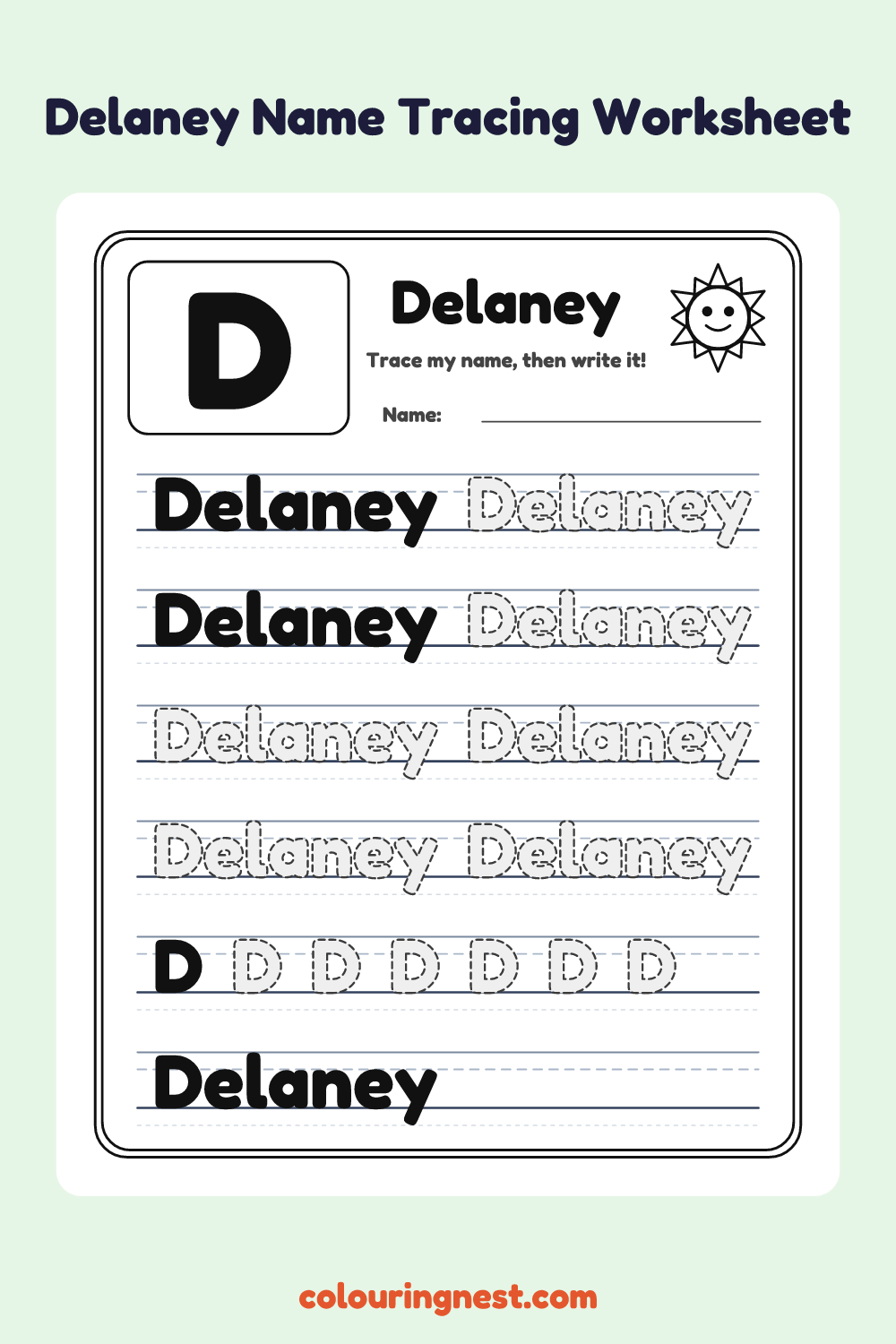 Delaney Name Tracing Worksheet: free printable black-and-white line art
