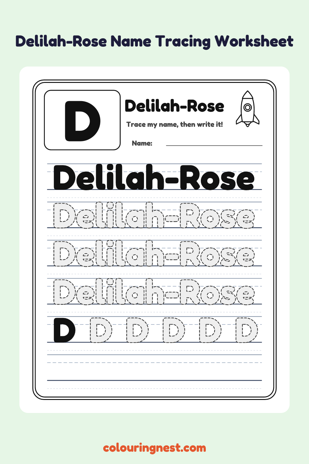 Delilah-Rose Name Tracing Worksheet: free printable black-and-white line art
