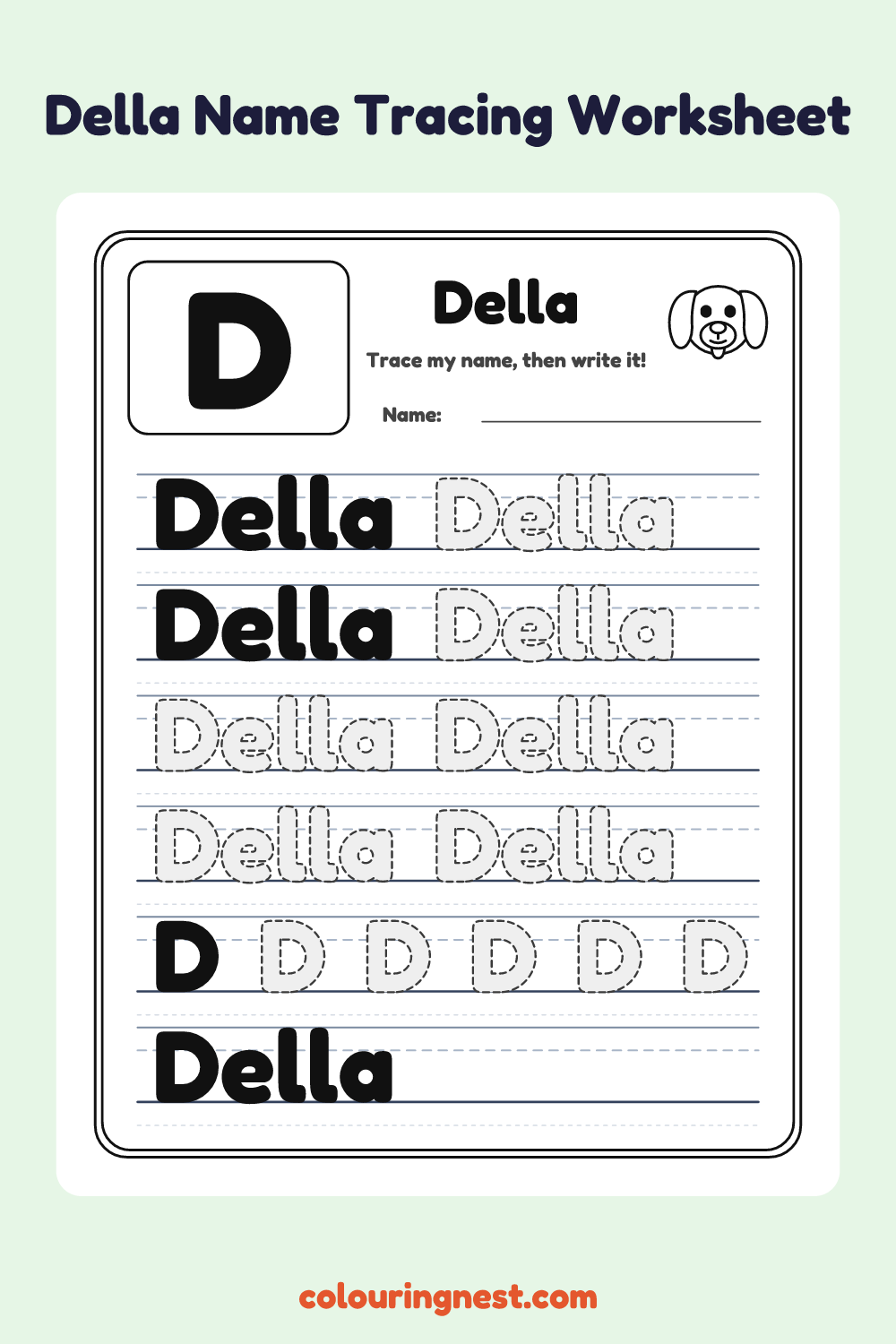 Della Name Tracing Worksheet: free printable black-and-white line art