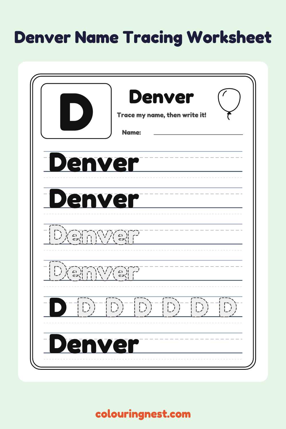 Denver Name Tracing Worksheet: free printable black-and-white line art