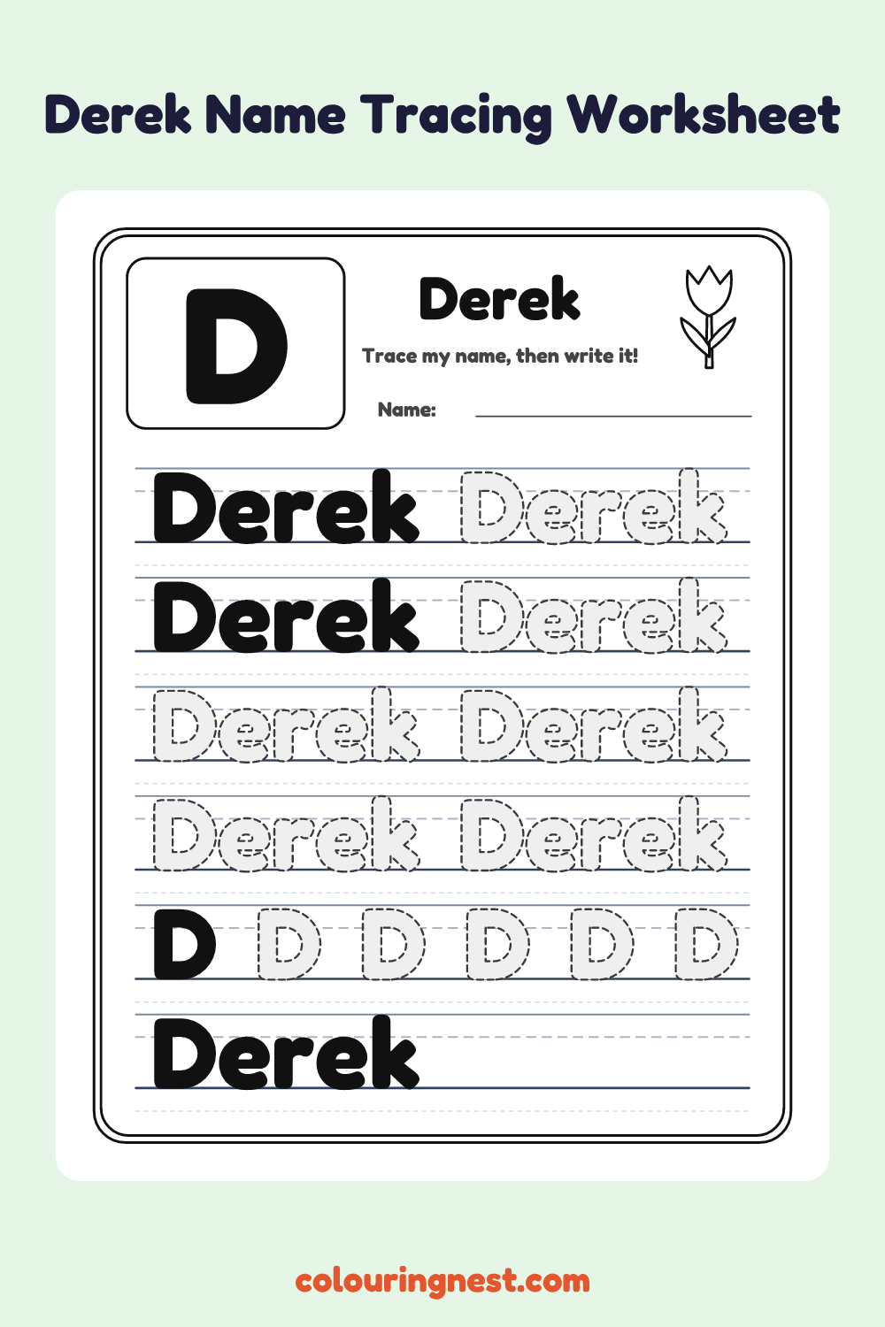 Derek Name Tracing Worksheet: free printable black-and-white line art
