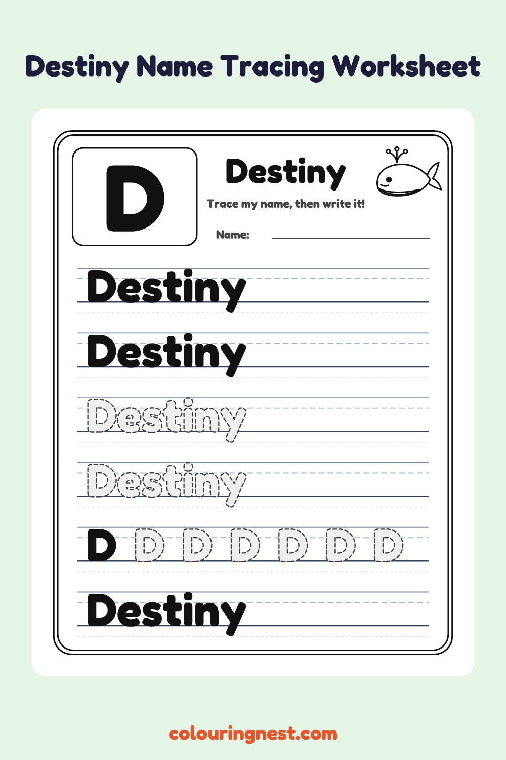 Destiny Name Tracing Worksheet: free printable black-and-white line art