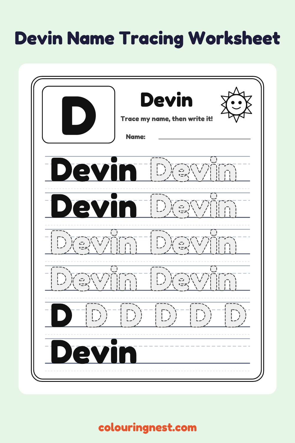 Devin Name Tracing Worksheet: free printable black-and-white line art