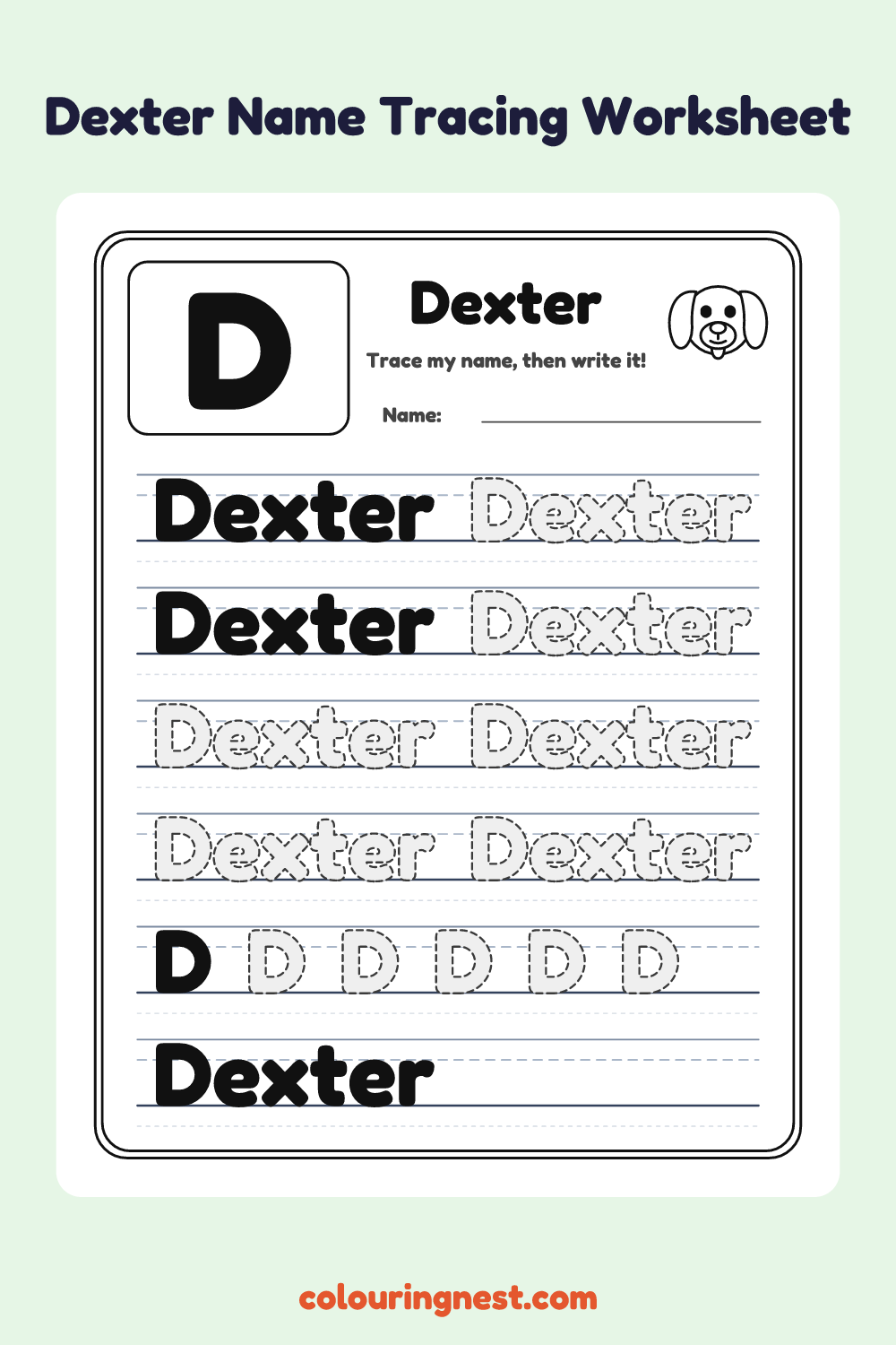 Dexter Name Tracing Worksheet: free printable black-and-white line art
