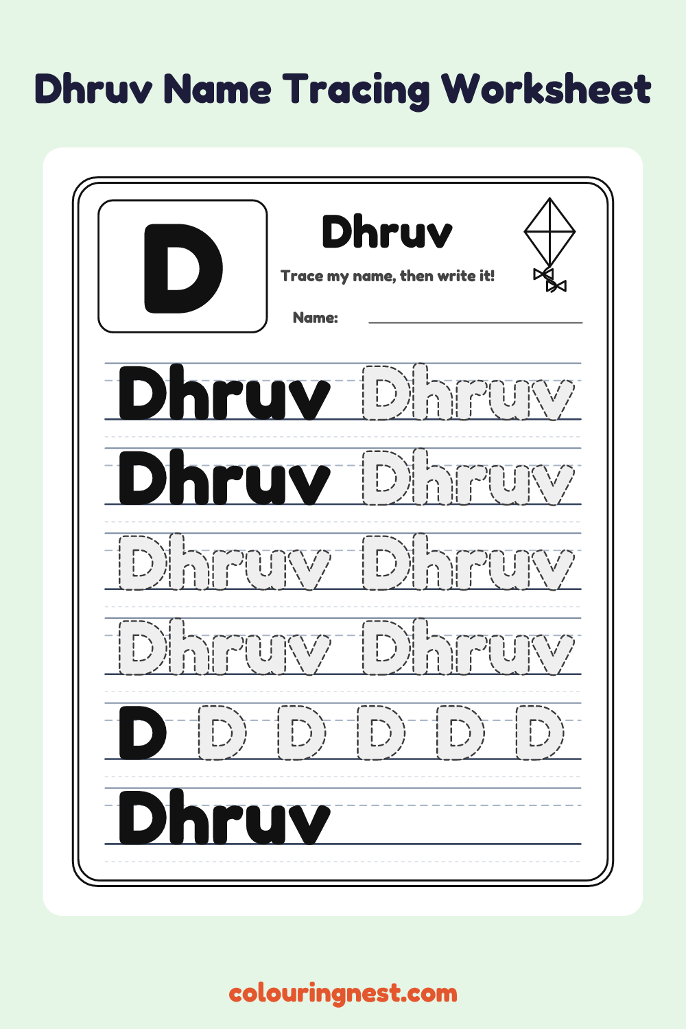 Dhruv Name Tracing Worksheet: free printable black-and-white line art