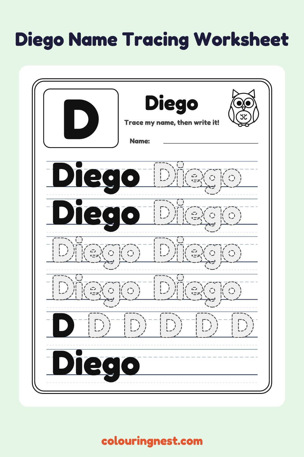Diego Name Tracing Worksheet: free printable black-and-white line art