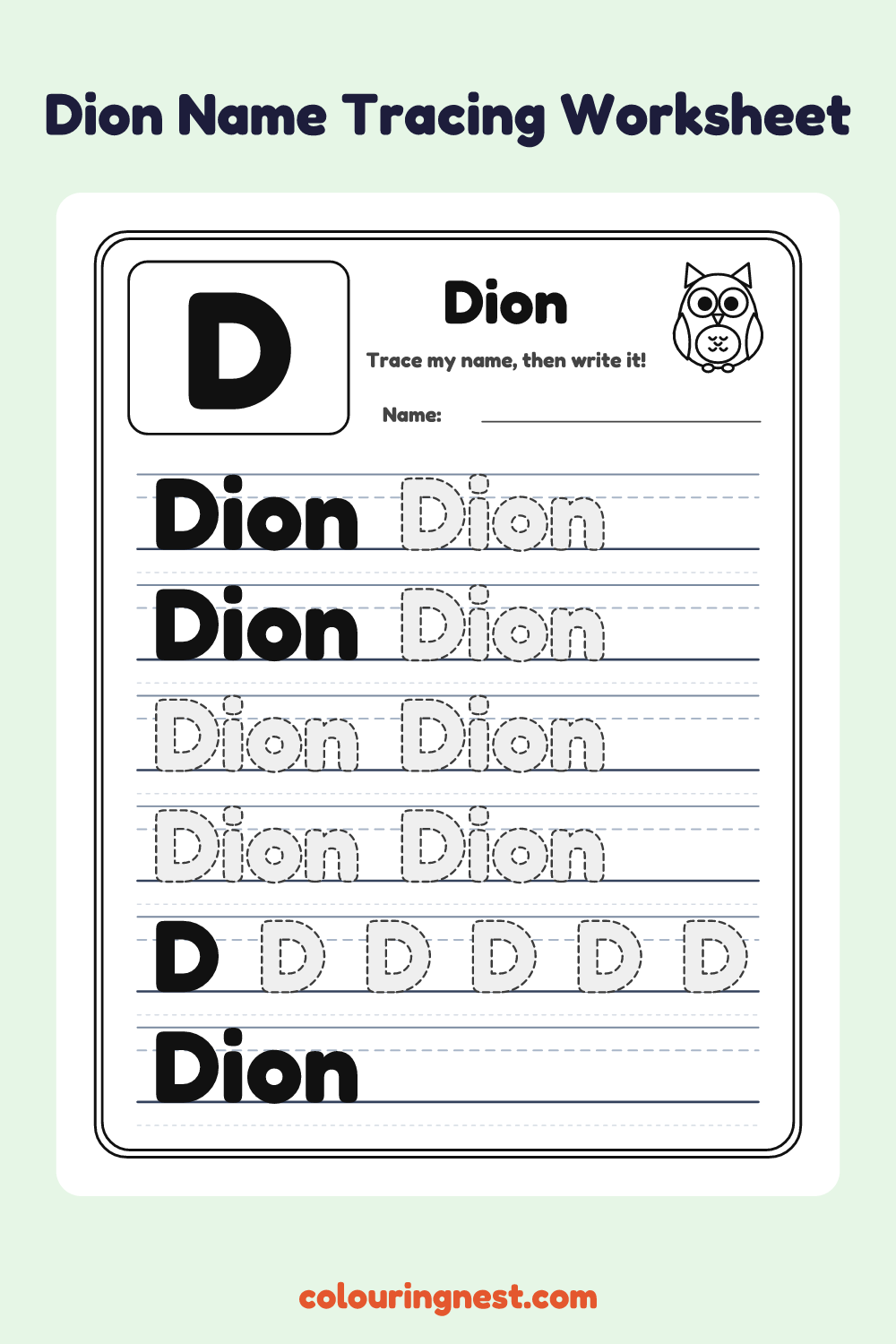 Dion Name Tracing Worksheet: free printable black-and-white line art