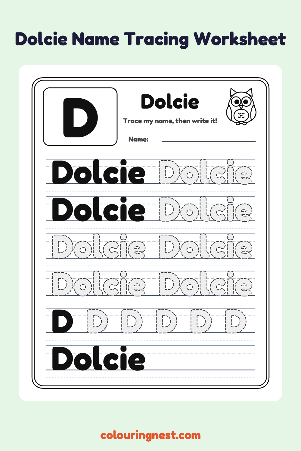 Dolcie Name Tracing Worksheet: free printable black-and-white line art