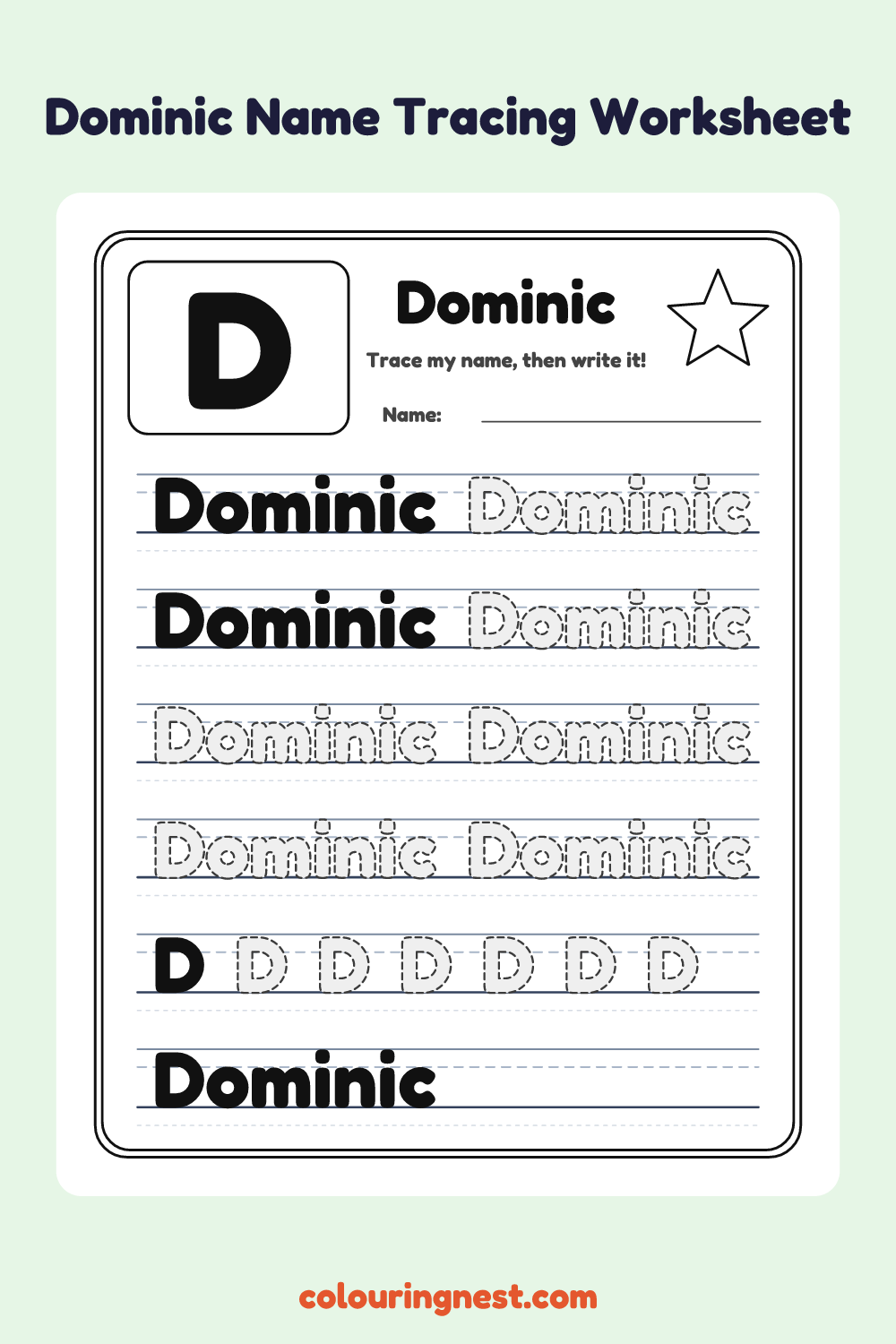 Dominic Name Tracing Worksheet: free printable black-and-white line art