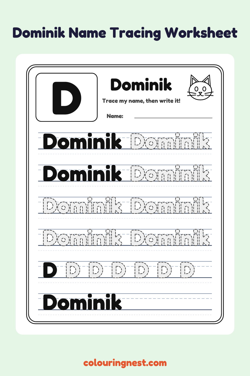 Dominik Name Tracing Worksheet: free printable black-and-white line art