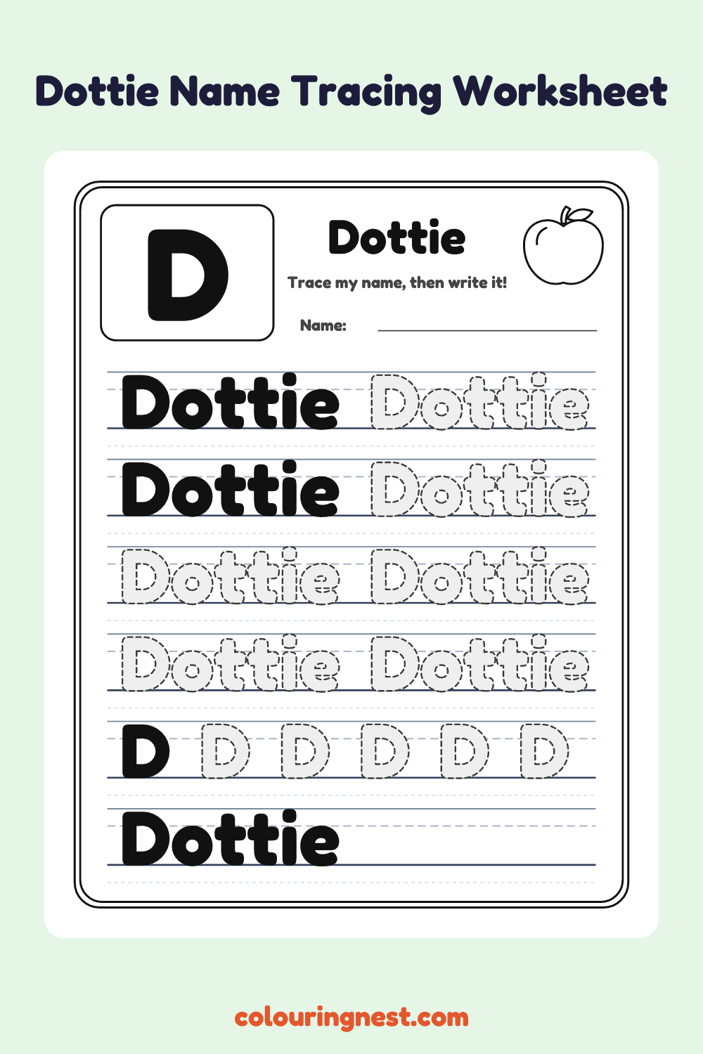 Dottie Name Tracing Worksheet: free printable black-and-white line art