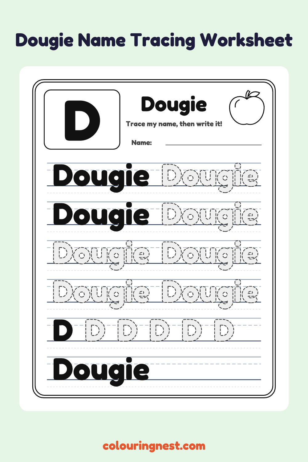 Dougie Name Tracing Worksheet: free printable black-and-white line art
