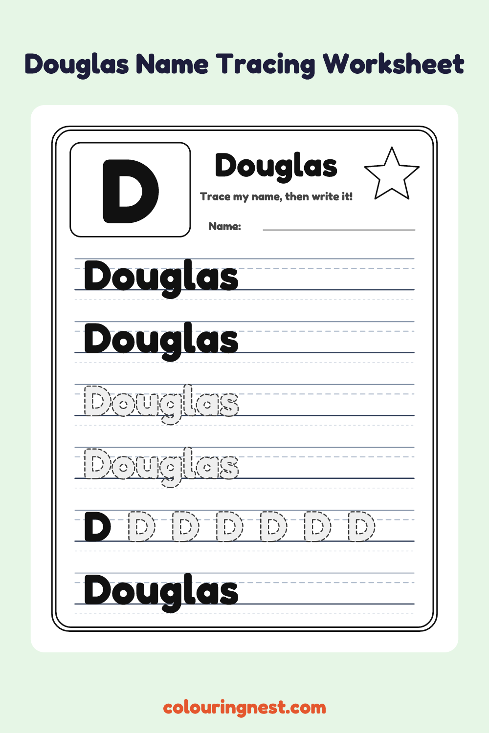 Douglas Name Tracing Worksheet: free printable black-and-white line art