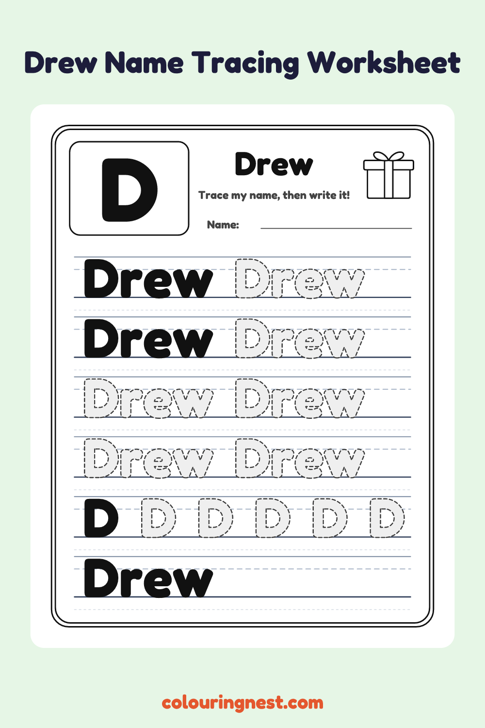 Drew Name Tracing Worksheet: free printable black-and-white line art