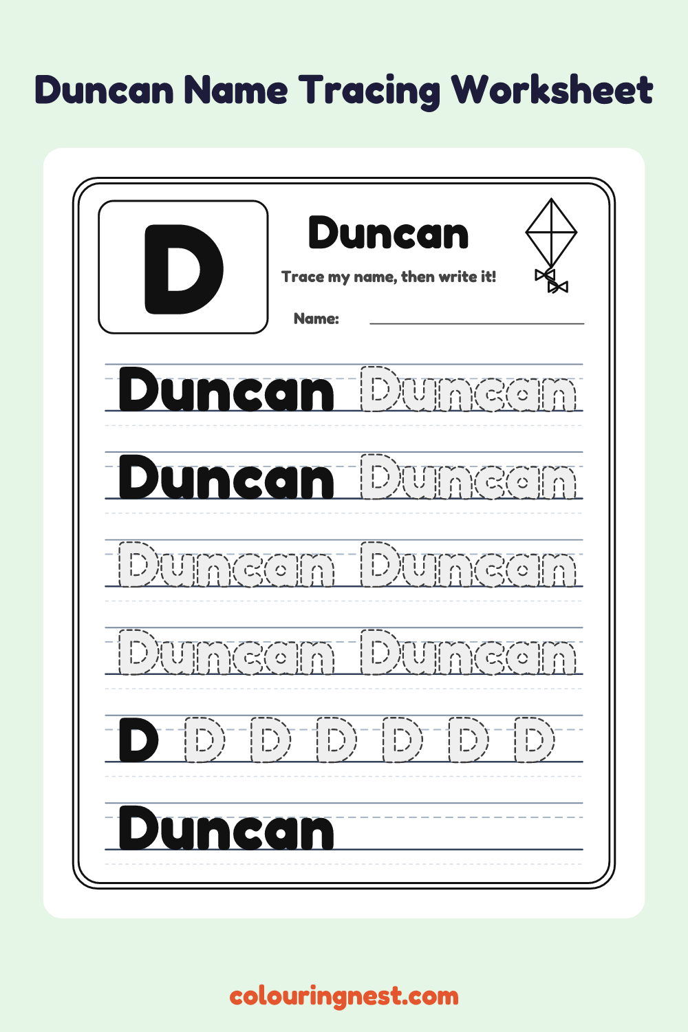 Duncan Name Tracing Worksheet: free printable black-and-white line art