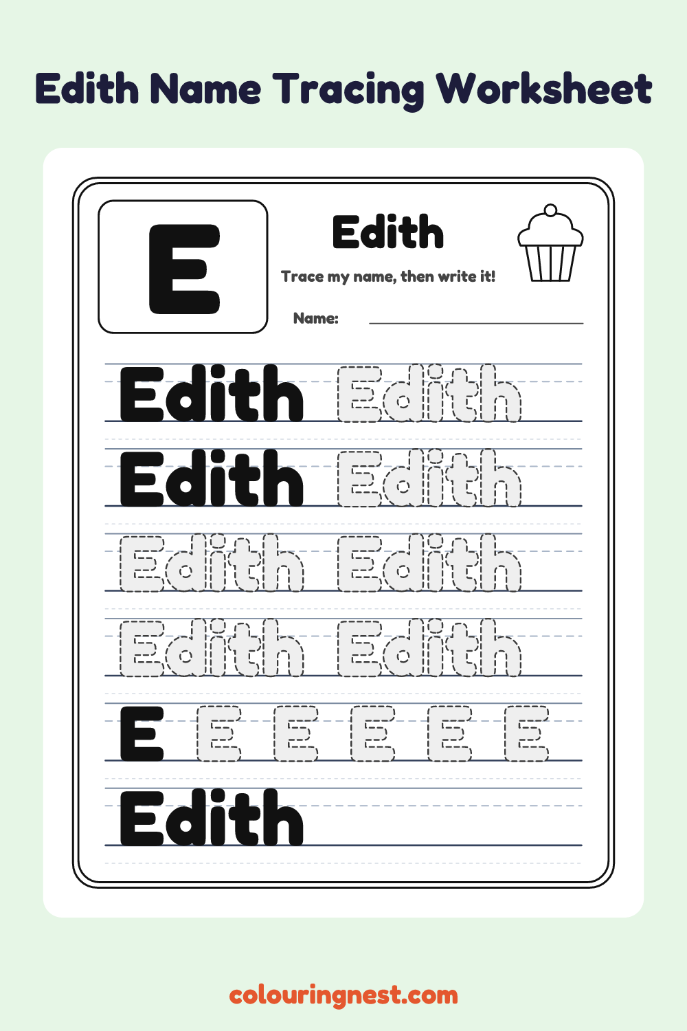 Edith Name Tracing Worksheet: free printable black-and-white line art