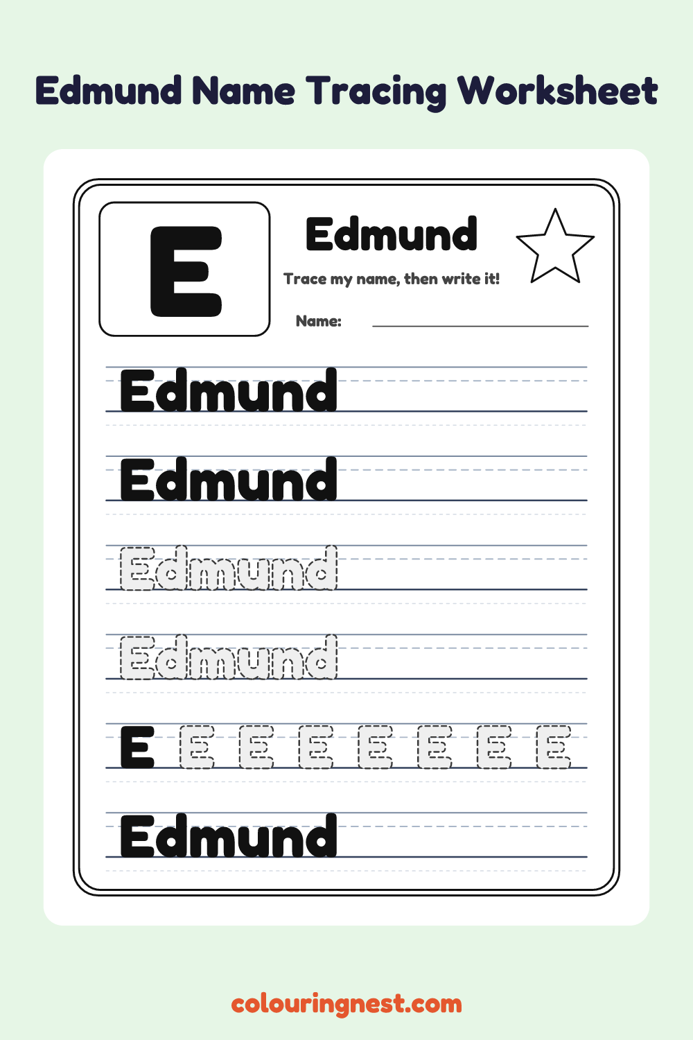 Edmund Name Tracing Worksheet: free printable black-and-white line art