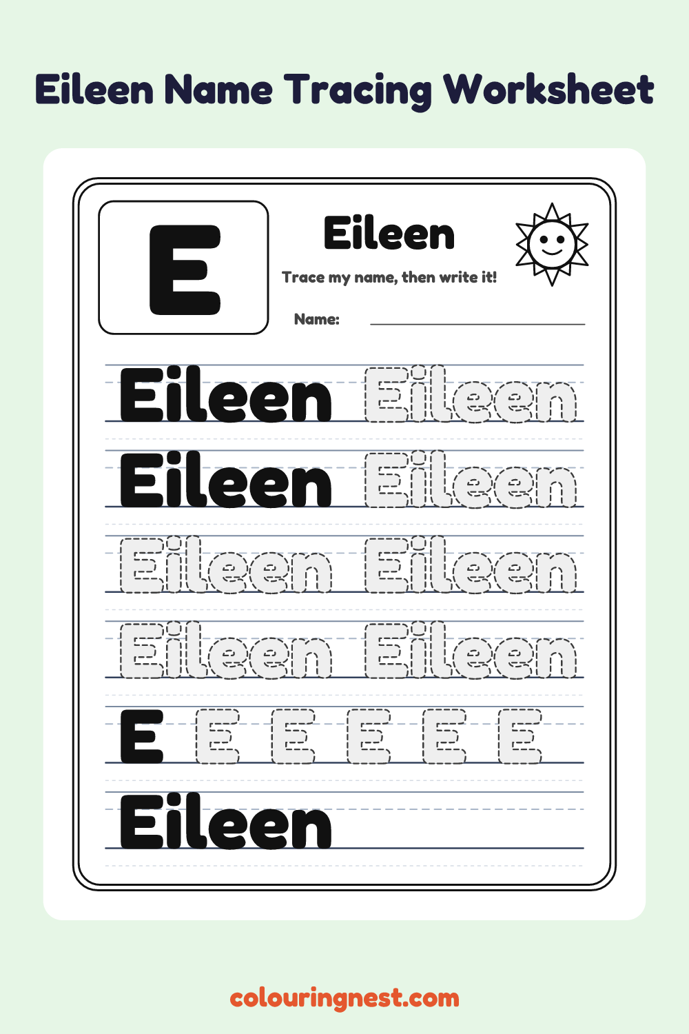 Eileen Name Tracing Worksheet: free printable black-and-white line art