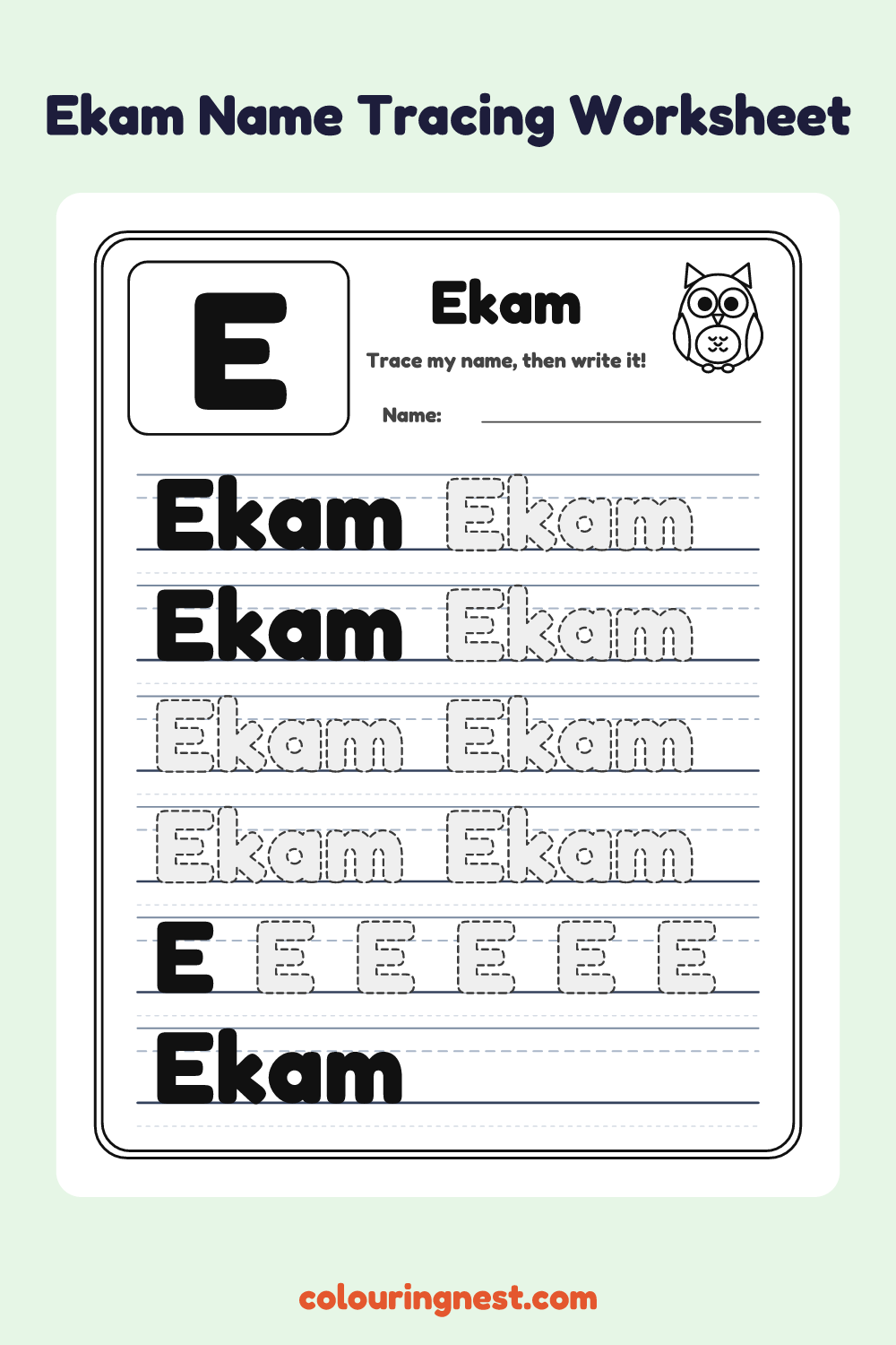Ekam Name Tracing Worksheet: free printable black-and-white line art
