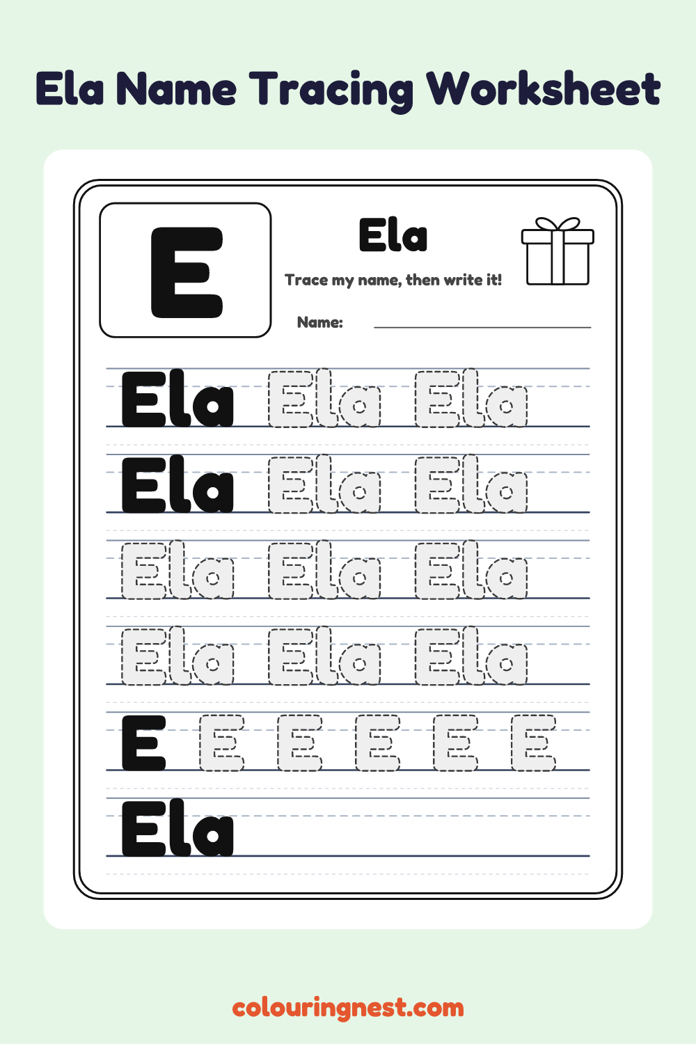 Ela Name Tracing Worksheet: free printable black-and-white line art