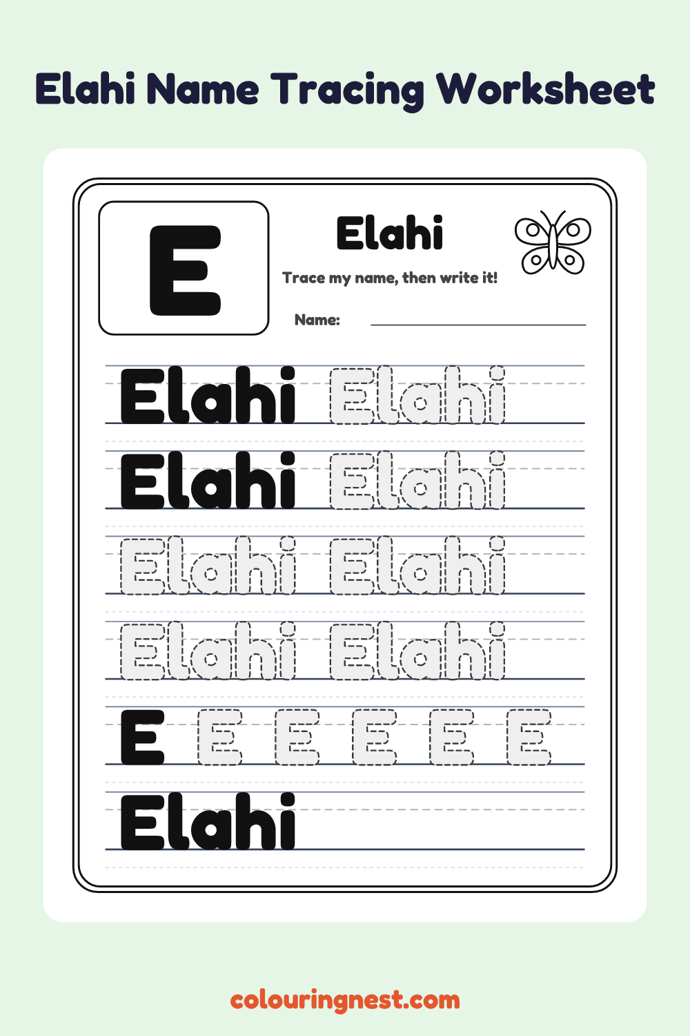 Elahi Name Tracing Worksheet: free printable black-and-white line art