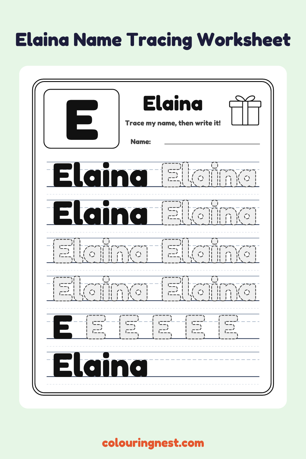 Elaina Name Tracing Worksheet: free printable black-and-white line art