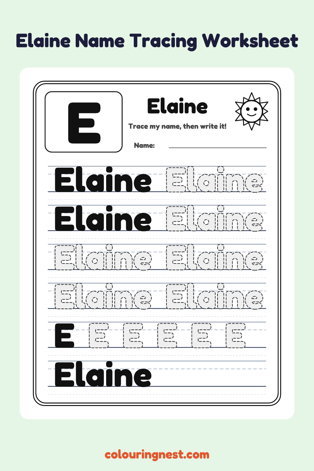 Elaine Name Tracing Worksheet: free printable black-and-white line art