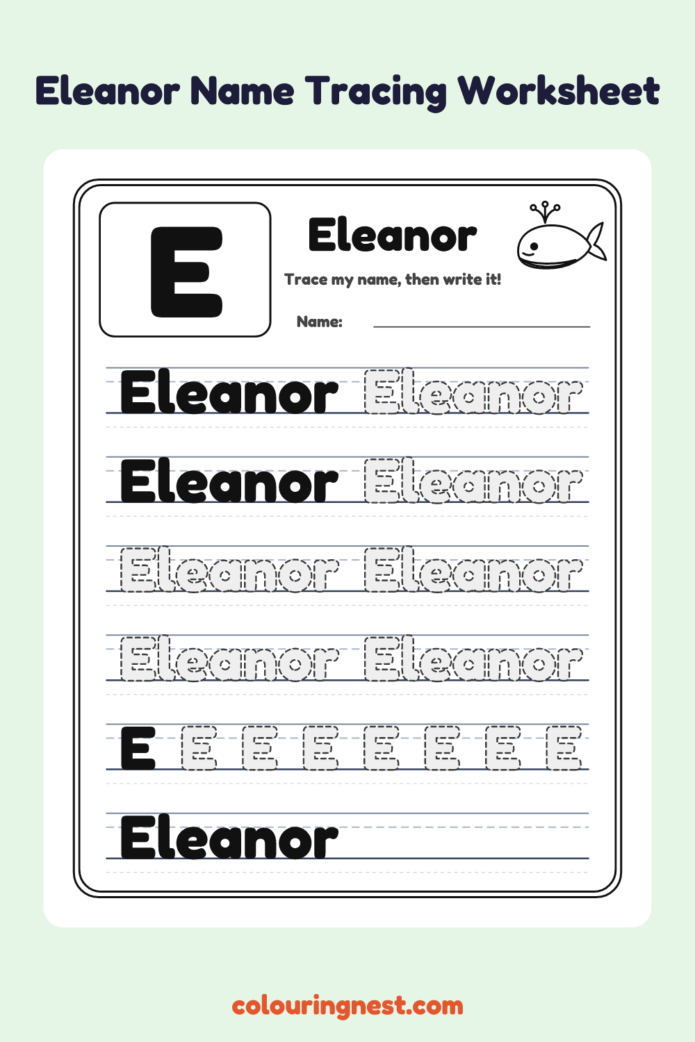 Eleanor Name Tracing Worksheet: free printable black-and-white line art