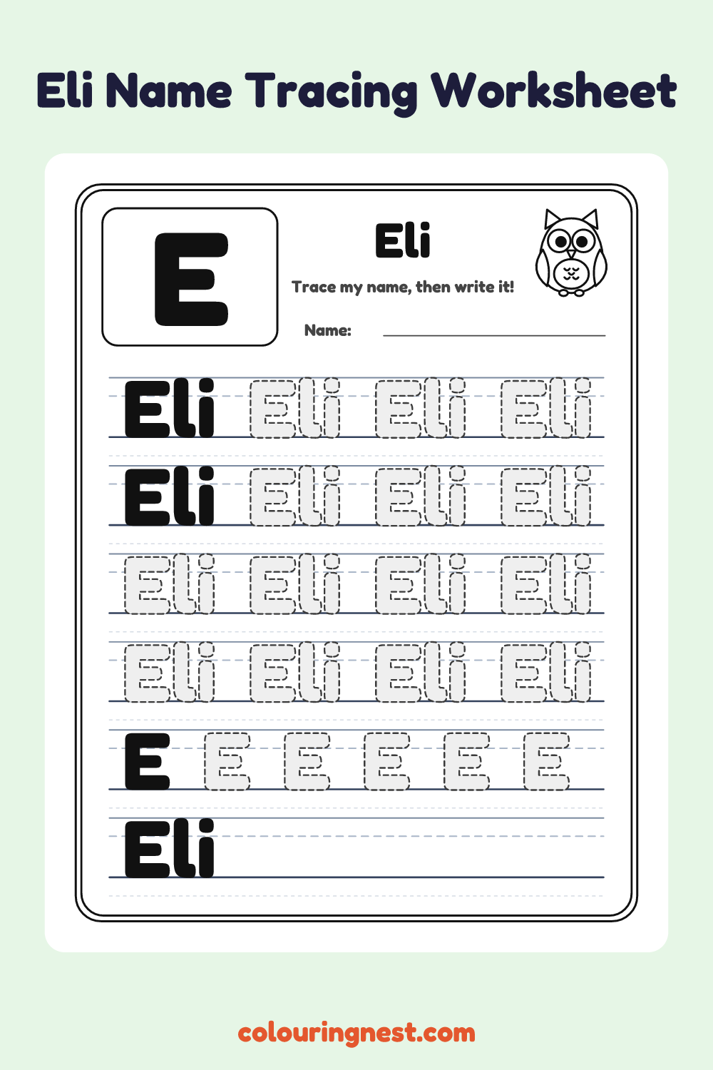 Eli Name Tracing Worksheet: free printable black-and-white line art