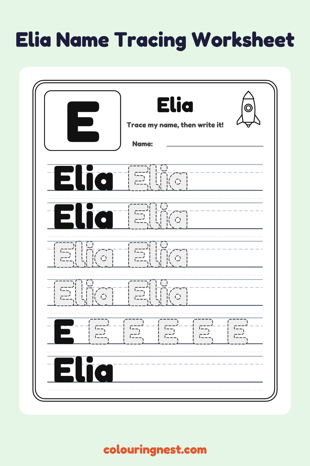 Elia Name Tracing Worksheet: free printable black-and-white line art
