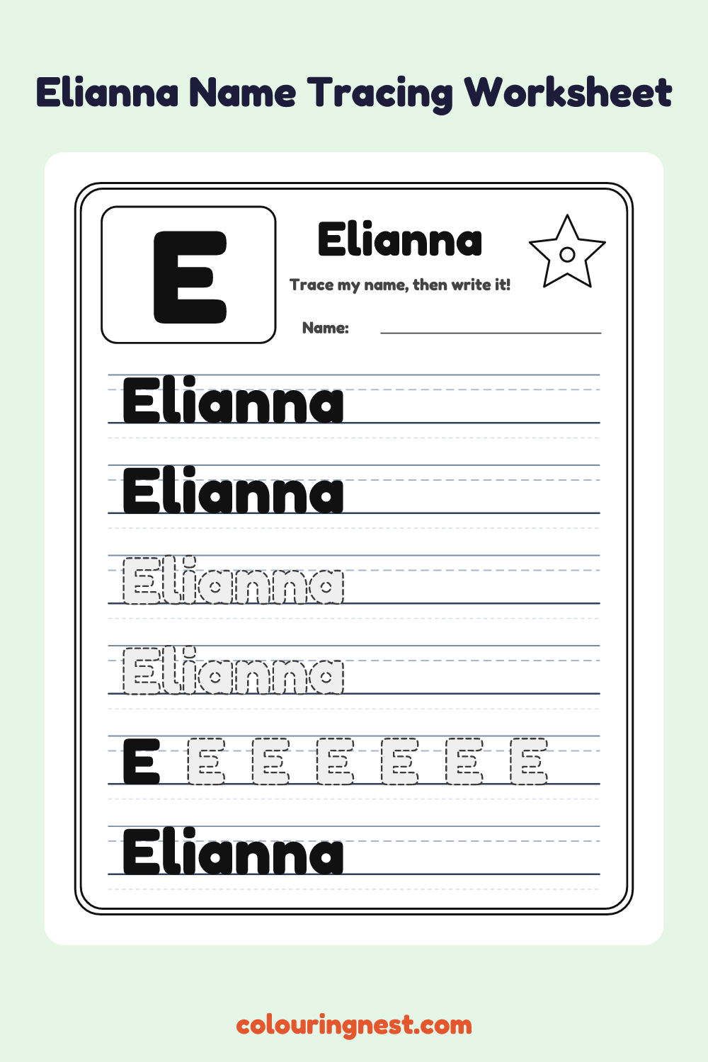 Elianna Name Tracing Worksheet: free printable black-and-white line art