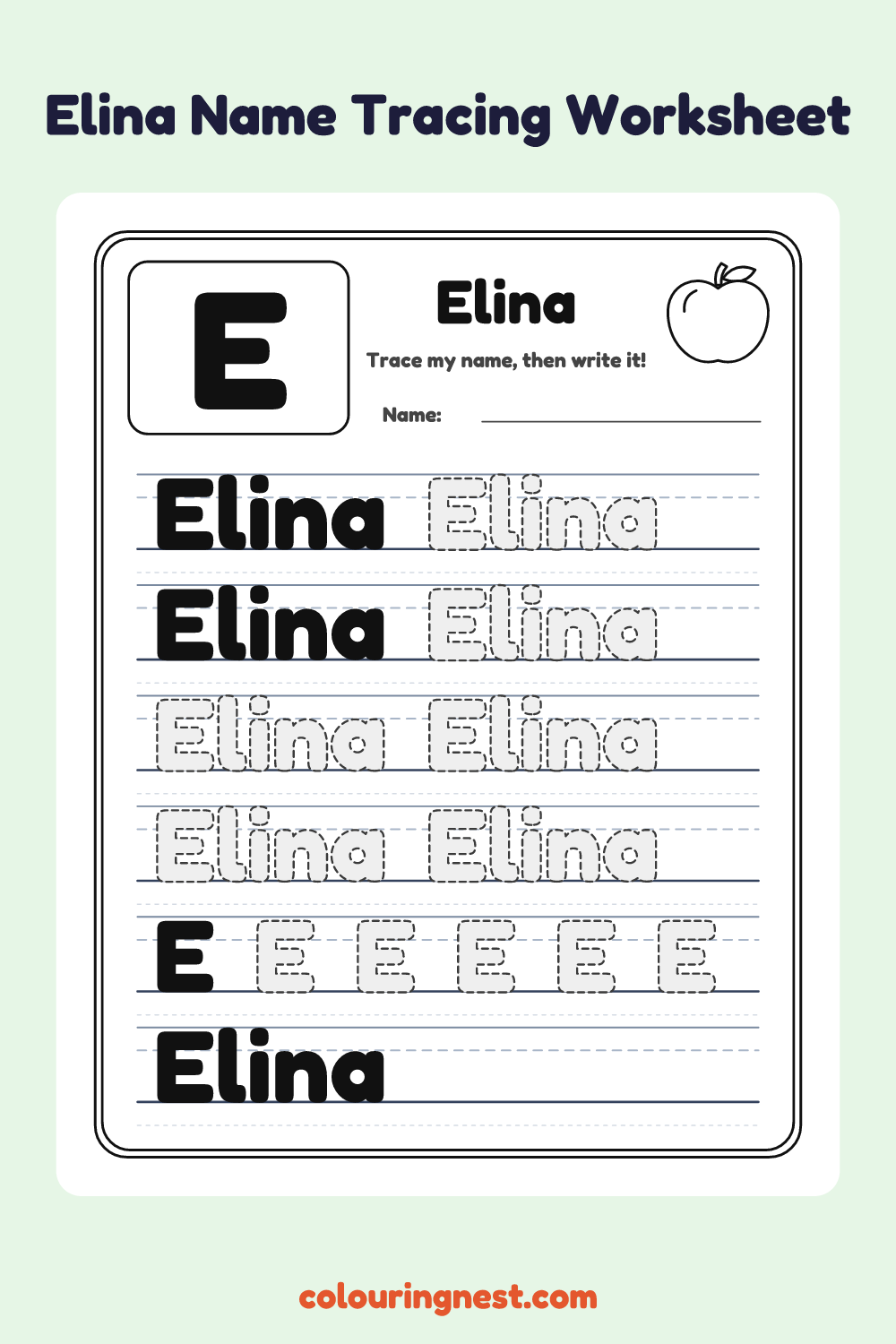 Elina Name Tracing Worksheet: free printable black-and-white line art