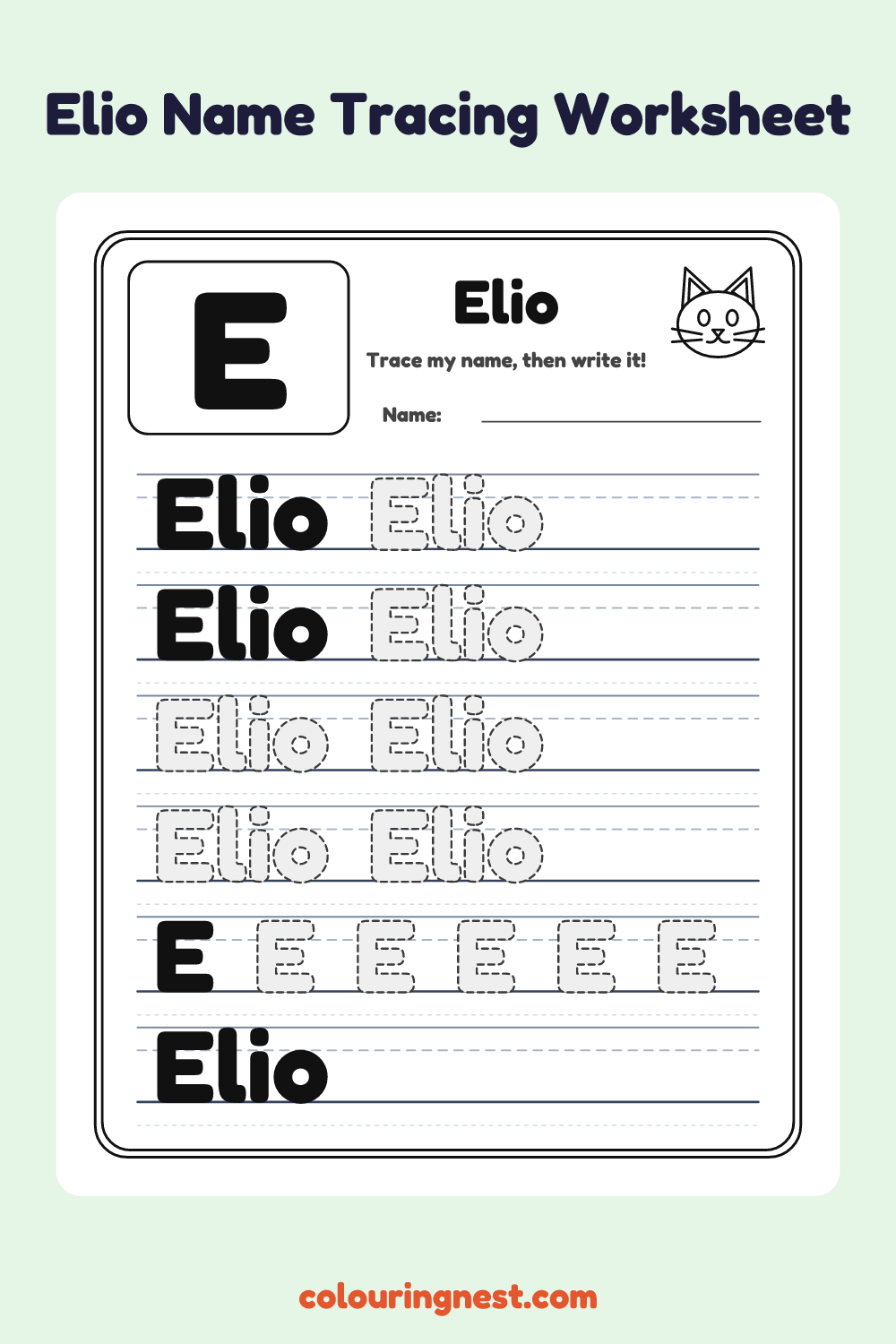 Elio Name Tracing Worksheet: free printable black-and-white line art