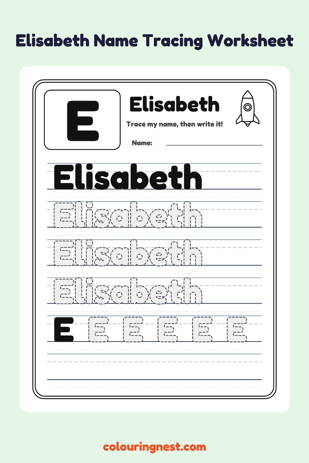 Elisabeth Name Tracing Worksheet: free printable black-and-white line art