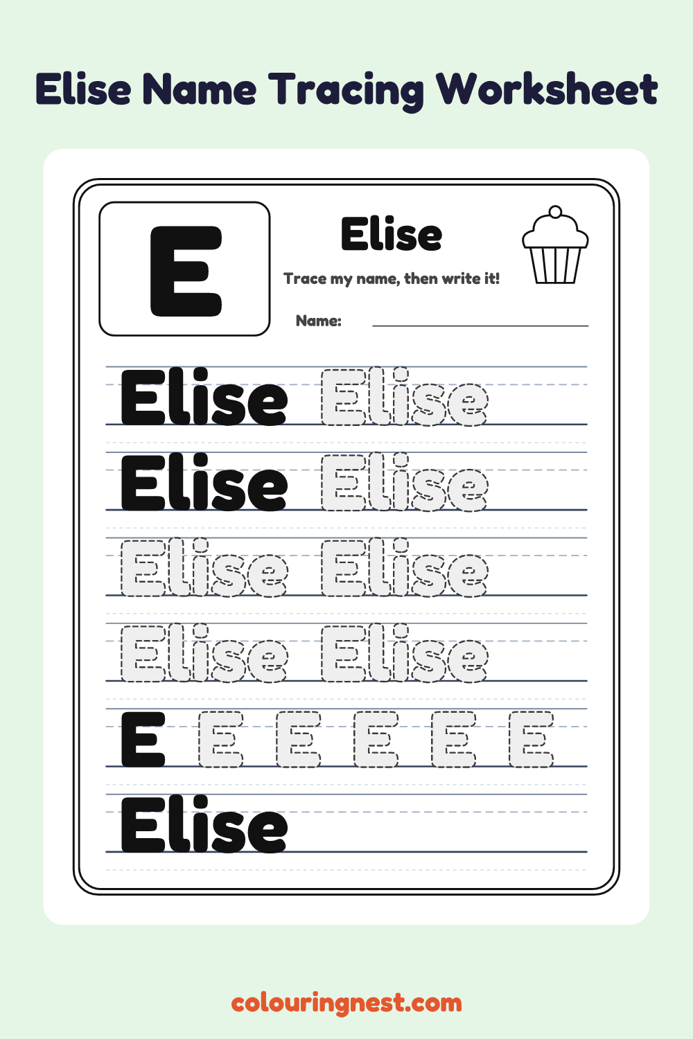 Elise Name Tracing Worksheet: free printable black-and-white line art